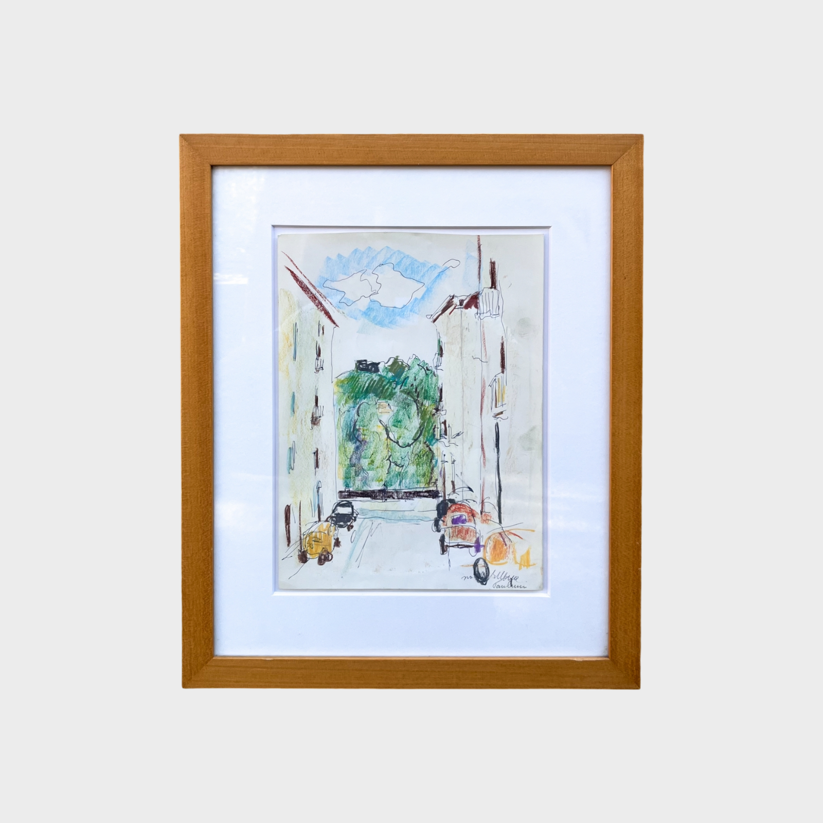 Enrico Paulucci - Case e collina. Pastelli ad olio su carta, opera del 1972 con autentica
